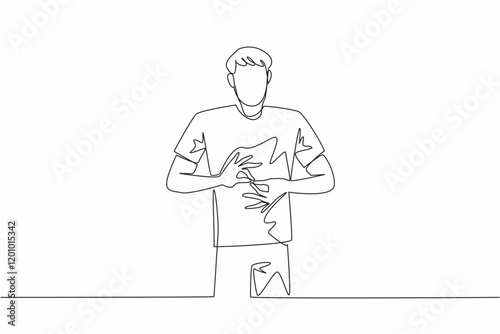 Single one line drawing a man in casual clothes making a hand gesture. Word translator on television news shows. Code. National American Sign Language Day. Continuous line design graphic illustration