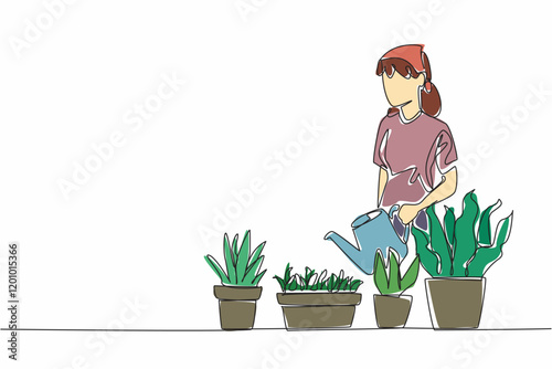 Single one line drawing a woman in casual clothes is watering a potted plant using a watering can. Daily activities. Loves greenery. National Gardening Day. Continuous line design graphic illustration