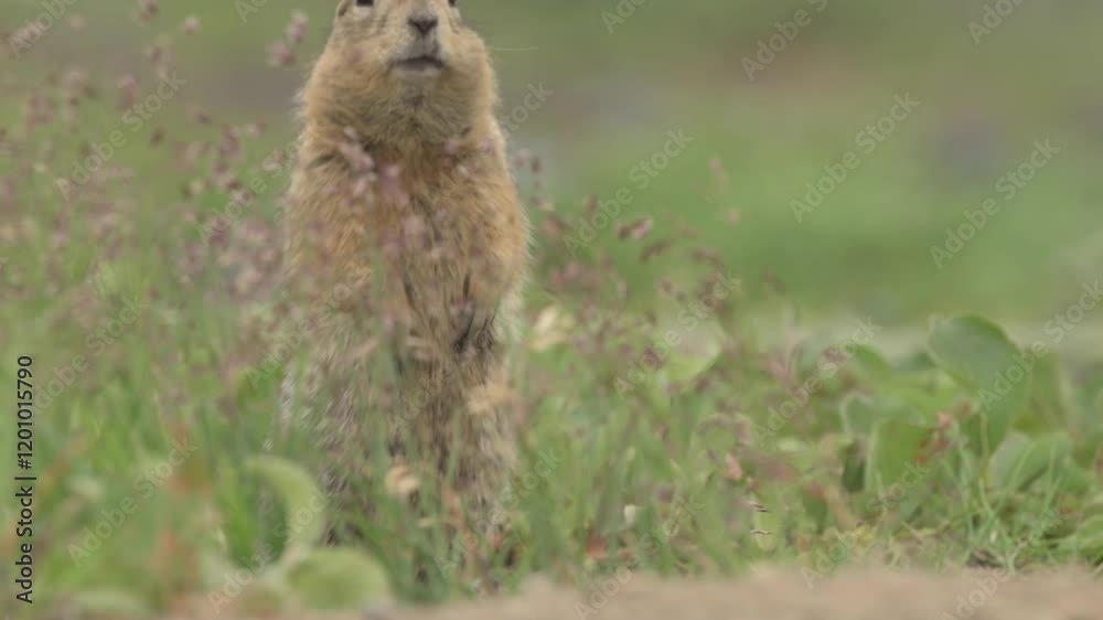 Curious Ground squirrel Prairie dogs in Kamchatka green grass