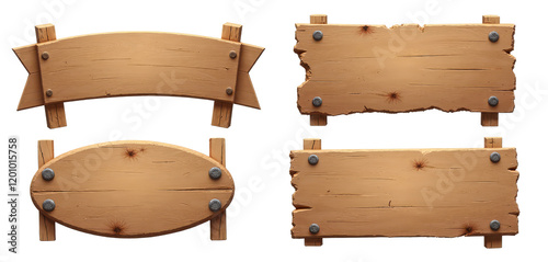 Four wooden cartoon signs on transparent background with screws and wooden supports