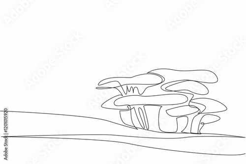 Continuous one line drawing blue hat oyster mushroom on mossy tree trunk. As additional ingredient in cooking. Adding flavor to broth. Day of the Mushroom. Single line draw design vector illustration