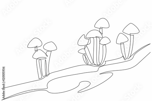 Single continuous line drawing armillaria mellea mushroom on moss. Also known as honey mushroom. Parasites that damage other plants. Toxic. Day of the Mushroom. One line design vector illustration