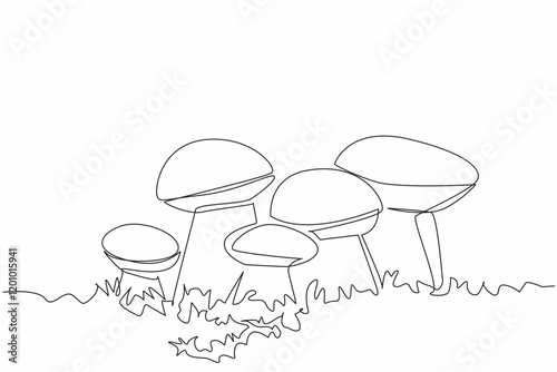 Single one line drawing boletus edulis mushroom in the grass. One type of edible mushroom with delicious taste. Food and snacks. Tasty. Day of the Mushroom. Continuous line design graphic illustration