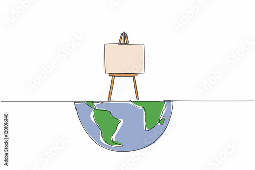 Single continuous line drawing easel on half globe. Painting can see half the world. A metaphor. Creativity can be limitless. Beautiful art for all. World Art Day. One line design vector illustration