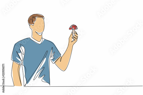 Single one line drawing man in casual clothes holding poisonous mushroom. Explaining inedible mushrooms. Harmful to the body. Danger. Day of the Mushroom. Continuous line design graphic illustration