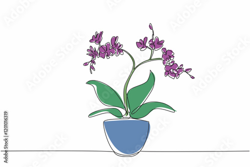 Continuous one line drawing orchid flowers in pots. Ornamental plants can be used as hair oil ingredients. Beautiful medicinal plants. National Orchid Day. Single line draw design vector illustration