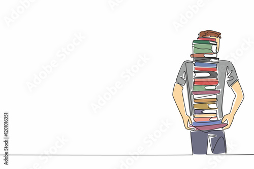 Single one line drawing a man carrying a pile of books covering his head. Stack of books that have been repaired. Increase literacy. National Librarian Day. Continuous line design graphic illustration