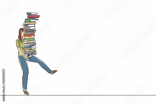 Single continuous line drawing a young woman carrying a pile of books far above her head. Difficulty stepping towards a bright future. National Librarian Day. One line design vector illustration