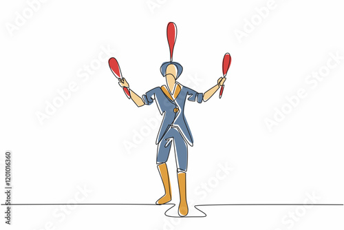 Continuous one line drawing the circus performer playing juggling clubs. Training balance to entertain. Pleasing many parties. Pleasant. World Circus Day. Single line draw design vector illustration