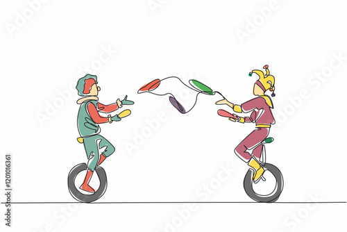 Single one line drawing 2 circus performers are playing throwing juggling clubs on a 1 wheeled bicycle. Good at maintaining balance. World Circus Day. Continuous line design graphic illustration