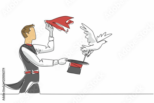 Single continuous line drawing the magician releases dove from his hand and holds the hat in his other hand. Master of illusion games. Entertain. World Circus Day. One line design vector illustration