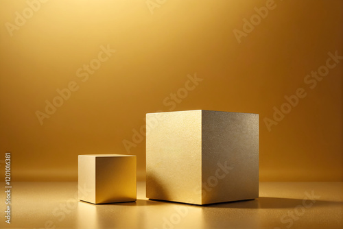 Product Display and Business Concept. Geometric podiums platform on golden background	