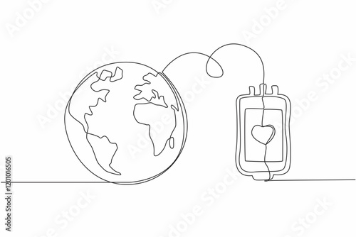 Continuous one line drawing globe connected to blood bag. Public awareness of hemophilia. Be aware of the symptoms. Sharing is caring. World Hemophilia Day. Single line draw design vector illustration