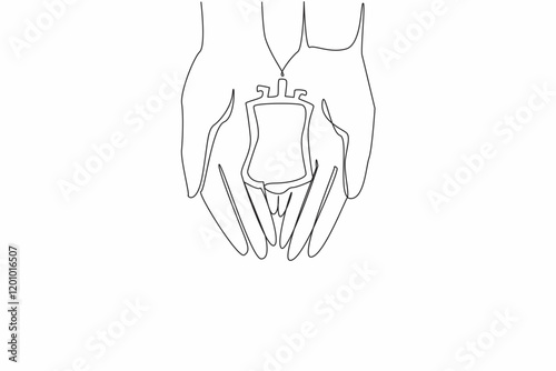 Single one line drawing 2 open hands and on top of them is a small blood bag. Day of concern for sufferers. Donating blood. Caring. World Hemophilia Day. Continuous line design graphic illustration