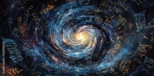 A swirling galaxy embedded with mathematical equations and formulas