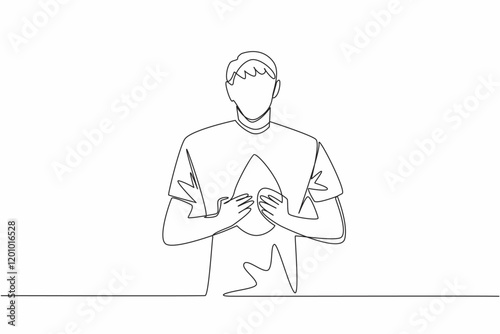 Single continuous line drawing a man holds drops of blood with both hands while pointing forward. Like a public service announcement. Concern. World Hemophilia Day. One line design vector illustration