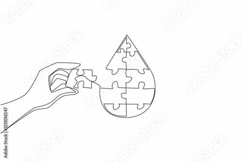 Single continuous line drawing a hand holding a puzzle piece and wanting to put it in a drop of blood. Donation as a complement to happiness. World Hemophilia Day. One line design vector illustration