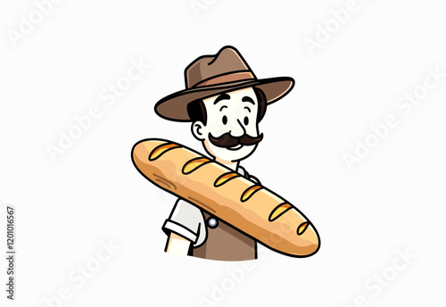 Funny French Bakery Mascot, Cheerful Baker with Hat and Mustache, Simple Design, No Shadows, Minimalist Character, White Background, Comic Style Drawing, Simple Line Art, Paris