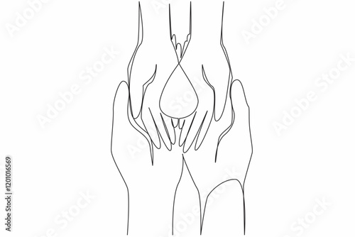 Single one line drawing symbol of blood drops on the palm of a small child. Less fortunate children who need more attention. Caring. World Hemophilia Day. Continuous line design graphic illustration