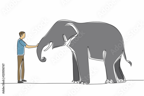 Continuous one line drawing a man in casual clothes standing in front of an elephant and stroking its trunk. Caring with affection. Save The Elephant Day. Single line draw design vector illustration