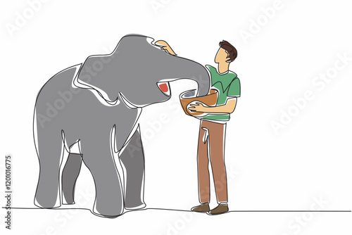 Single continuous line drawing man stands and carries basket of food in front of a baby elephant. Love by giving healthy food. Stroking head. Save The Elephant Day. One line design vector illustration