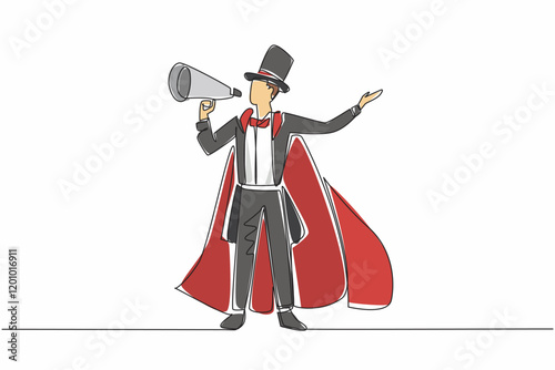 Single one line drawing showman stands and holding megaphone. Can entertain anyone just by talking. Very witty jokes. Eliminates fatigue. World Circus Day. Continuous line design graphic illustration