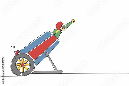 Single continuous line drawing the circus performers inside the cannon wear helmets and put their hands forward. Fun and also a test of courage. World Circus Day. One line design vector illustration