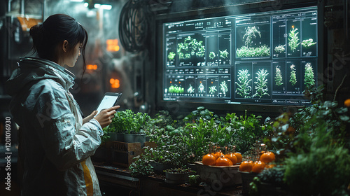 a woman looking at a computer screen photo