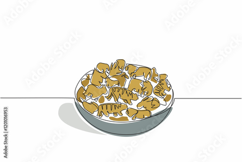 Single one line drawing pile of animal crackers in various animal shapes on bowl. Serving snacks. Easy to take and delicious. National Animal Crackers Day. Continuous line design graphic illustration