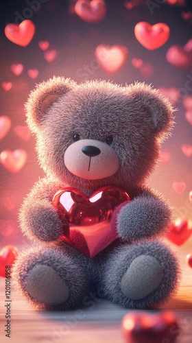 3D teddy bear with soft and luxurious texture. Sitting holding a shiny red heart in her arms Perfect for celebrating Valentine's Day.