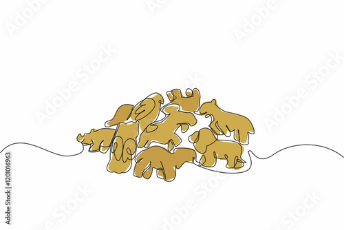 Single continuous line drawing a pile of animal crackers in various animal shapes. Attractive biscuits or cookies. Salty. Savory. National Animal Crackers Day. One line design vector illustration