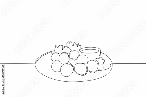 Continuous one line drawing cheese ball on a plate with a small bowl of chili sauce next to it. The best way to enjoy snacks. National Cheese Ball Day. Single line draw design vector illustration