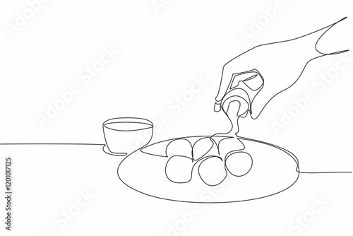 Continuous one line drawing hand taking a piece of cheese ball on a plate with melted cheese. Spicy and savory. Increase appetite. National Cheese Ball Day. Single line draw design vector illustration