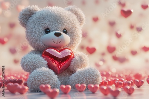 3D teddy bear with soft and luxurious texture. Sitting holding a shiny red heart in her arms Perfect for celebrating Valentine's Day.