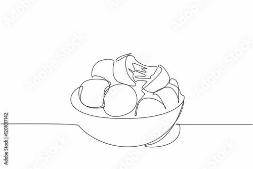 Continuous one line drawing pile of cheese balls on a bowl. Melted cheese that increasingly increases hunger. Savory. Delicious. National Cheese Ball Day. Single line draw design vector illustration photo