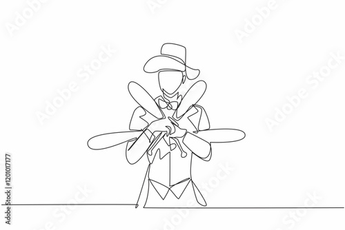 Single continuous line drawing male juggler holding juggling clubs. Pose with high confidence. The expert who can always entertain. International Jugglers Day. One line design vector illustration