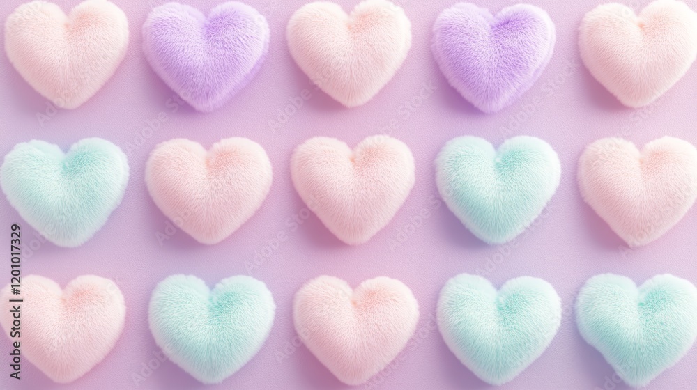 Obraz premium Pastel hearts arranged on a smooth textured pastel background. The heart is soft and fluffy It looks luxurious like a cloud.