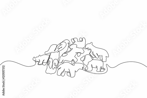 Single continuous line drawing a pile of animal crackers in various animal shapes. Attractive biscuits or cookies. Salty. Savory. National Animal Crackers Day. One line design vector illustration