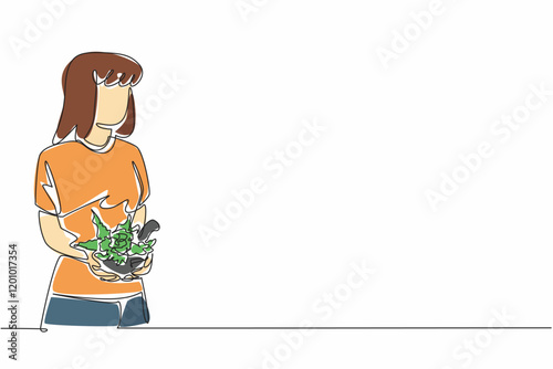 Single one line drawing woman in casual clothes holding herbalist bowl filled with leaves and pestle. Herbal drink concoction ready to made. Herbalist Day. Continuous line design graphic illustration