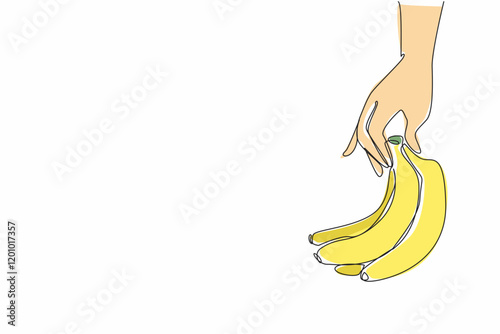 Continuous one line drawing hand holding bunch of bananas. Very delicious fruit when ripe. The fastest energy booster when exercising. National Banana Day. Single line draw design vector illustration
