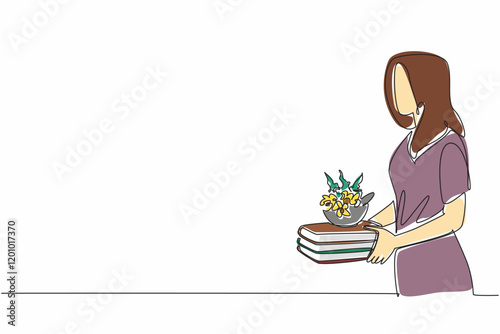 Continuous one line drawing woman in casual clothes carrying a pile of old books and herbalist bowl. Herbal concoction recipe. Healthy. Herbalist Day. Single line draw design vector illustration