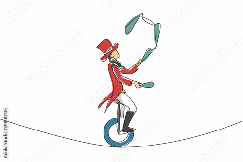 Single one line drawing male juggler juggling clubs on a unicycle and on a rope.  The experienced professional. Great balance. International Jugglers Day. Continuous line design graphic illustration