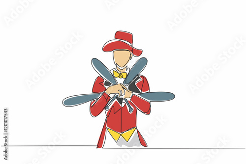 Single continuous line drawing male juggler holding juggling clubs. Pose with high confidence. The expert who can always entertain. International Jugglers Day. One line design vector illustration
