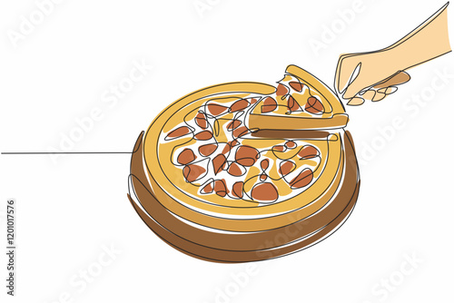 Continuous one line drawing hand lifting pizza cake slice on wooden tray. Taste the deliciousness of unique food. Delicious. International Pizza Cake Day. Single line draw design vector illustration