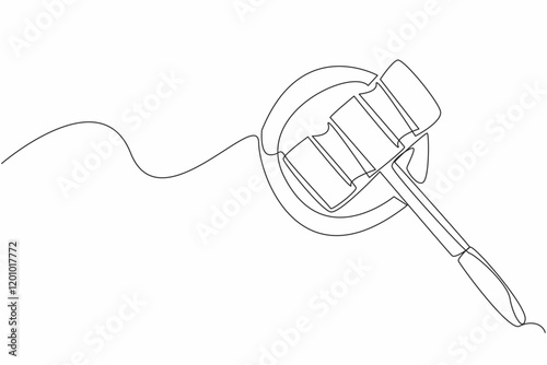 Single one line drawing hammer placed lying on a wooden cushion. The auction still closed, waiting for thorough preparation. National Auctioneers Day. Continuous line design graphic illustration