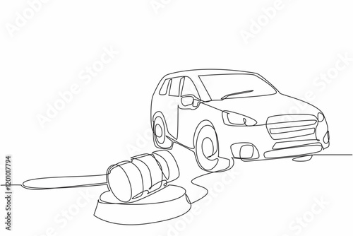 Single continuous line drawing wooden hammer lying on a wooden cushion and a miniature car. Car auction or warranty claim. Compensation. National Auctioneers Day. One line design vector illustration