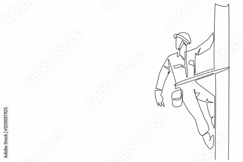 Single continuous line drawing lineman climbs and holds electric pole with one hand. Performing electrical network maintenance. National Lineman Appreciation Day. One line design vector illustration