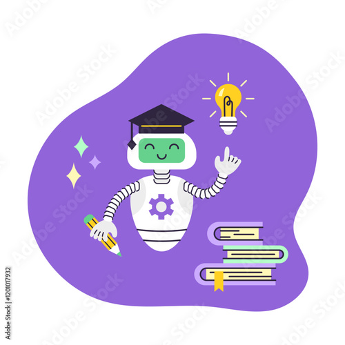 AI Robot assistant points at light bulb. There is stack of books nearby. Artificial Intelligence Virtual Assistant. Concept Data Analytics and education. Isolated vector illustration.