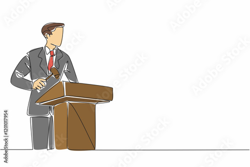 Continuous one line drawing male auctioneer standing at wooden podium with wooden hammer. Get ready to count down to best deals. National Auctioneers Day. Single line draw design vector illustration