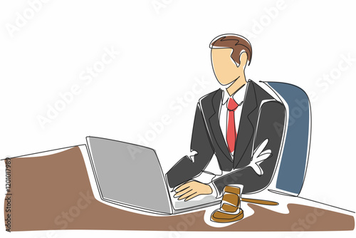 Single one line drawing male auctioneer in suit and tie typing on laptop. Online auction with limited participants by invitation. National Auctioneers Day. Continuous line design graphic illustration